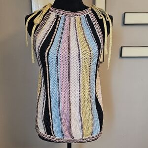 M By Missoni Sleeveless Striped Knit Halter Tank Top in Pastel Stripe